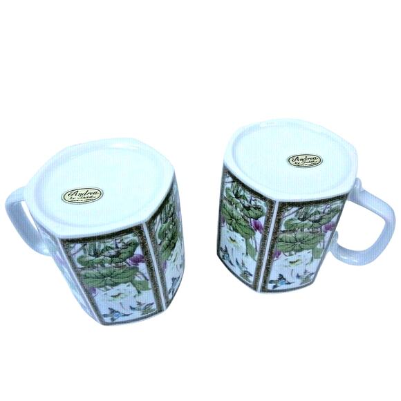 Set of 2 Andrea By Sadek Octagon Porcelain Cups Mugs Japan Floral Birds Pattern - Picture 4 of 6